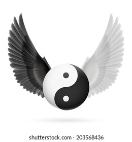 Traditional Chinese Yin-Yang symbol with black and white wings