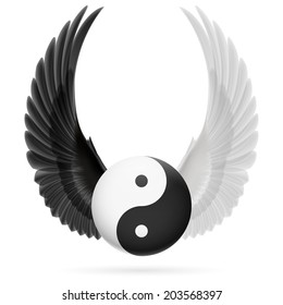 Traditional Chinese Yin-Yang symbol with raised up black and white wings