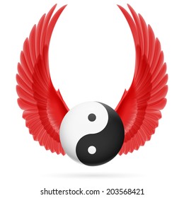 Traditional Chinese Yin-Yang symbol with raised up red wings