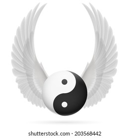 Traditional Chinese Yin-Yang symbol with raised up white wings