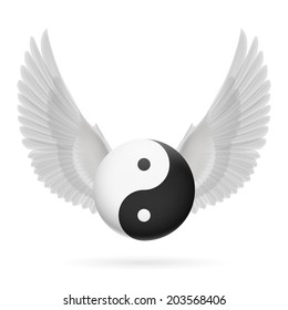 Traditional Chinese Yin-Yang symbol with white wings