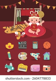 Traditional Chinese Zhuazhou Ceremony Clipart.
