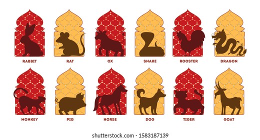 Traditional Chinese zodiac animals set. Isolated vector illustration of chinese astrology signs with traditional chinese red pattern. New year horoscope collection.