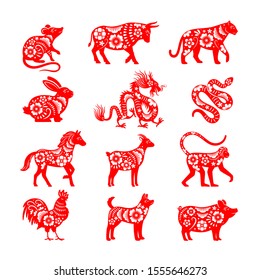 Traditional chinese zodiac illustrations. Vector china horoscope animal symbols, bull and mouse, pig and dragon vectors for papercut svg