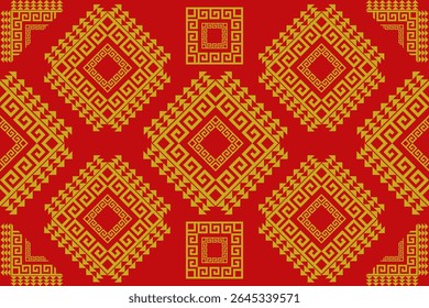 Traditional Chinese-inspired pixel pattern with gold geometric motifs on a red background, ideal for textile, fashion, and decorative design markets in China.