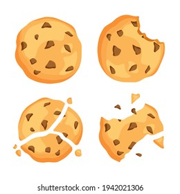 Traditional chip cookies with crumbs. Bitten and broken cookie with chocolate. Vector illustration isolated on white background.