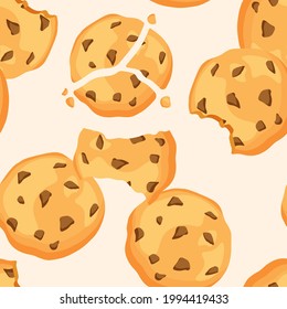 Traditional chip cookies seamless pattern. Bitten and broken cookie with chocolate. Vector illustration isolated.