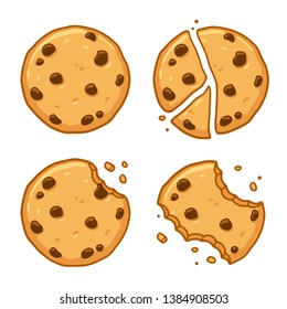 Traditional chocolate chip cookies. Bitten, broken, cookie crumbs. Cartoon vector illustration set.