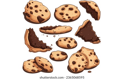 Traditional chocolate chip cookies. Bitten, broken, cookie crumbs. Cartoon vector illustration set white background