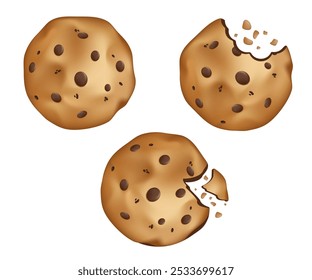 Galletas tradicionales con chispas de chocolate. Migajas de galletas mordidas, rotas. Conjunto de Ilustración vectorial de dibujos animados 3D. Dulce y deliciosa comida. Ilustración vectorial de dibujos animados