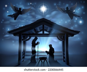 Traditional Christian Christmas Nativity Scene of baby Jesus in the manger with Mary and Joseph in silhouette. The star of Bethlehem is over head with angels.