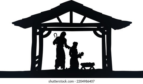 Traditional Christian Christmas Nativity Scene baby Jesus in the manger and Mary   Joseph in silhouette 