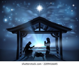 Traditional Christian Christmas Nativity Scene of baby Jesus in the manger with Mary and Joseph in silhouette and the star of Bethlehem over head.
