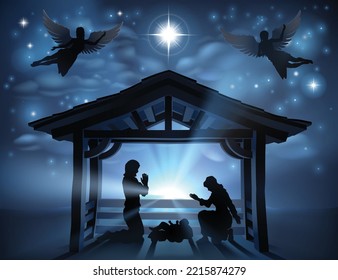 Traditional Christian Christmas Nativity Scene of baby Jesus in the manger with Mary and Joseph in silhouette.  The star of Bethlehem is over head with angels.