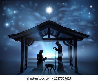 Traditional Christian Christmas Nativity Scene of baby Jesus in the manger with Mary and Joseph in silhouette and the star of Bethlehem over head.
