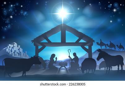 Traditional Christian Christmas Nativity Scene of baby Jesus in the manger with Mary and Joseph in silhouette surrounded by the animals and wise men in the distance with the city of Bethlehem