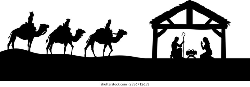 Traditional Christian Christmas Nativity Scene of baby Jesus in the manger with Mary and Joseph in silhouette and wise men