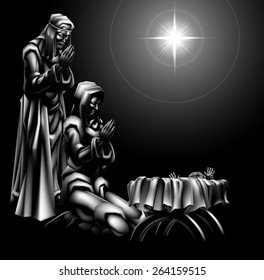 Traditional Christian Christmas Nativity Scene of baby Jesus beneath the star in the manger with Mary and Joseph 