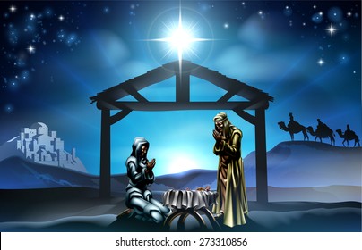 Traditional Christian Christmas Nativity Scene of baby Jesus in the manger with Mary and Joseph in silhouette and wise men in the distance with the city of Bethlehem