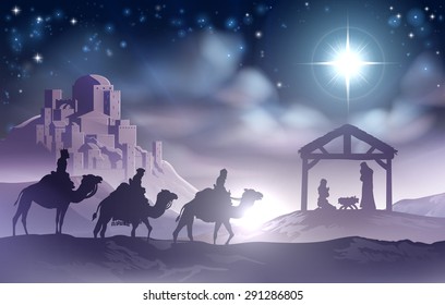 Traditional Christian Christmas Nativity Scene Of Baby Jesus In The Manger With Mary And Joseph In Silhouette With Wise Men