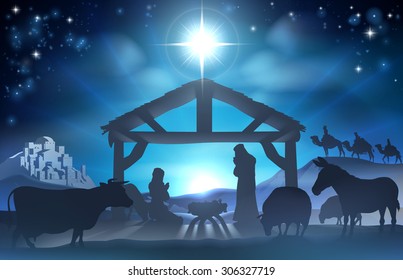 Traditional Christian Christmas Nativity Scene of baby Jesus in the manger with Mary and Joseph in silhouette surrounded by the animals and wise men in the distance with the city of Bethlehem