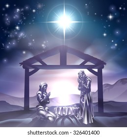 Traditional Christian Christmas Nativity Scene of baby Jesus in the manger with Mary and Joseph in silhouette