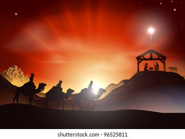 Traditional Christian Christmas Nativity Scene With The Three Wise Men