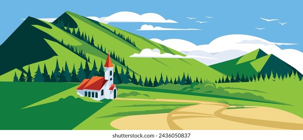 A traditional Christian church on a green meadow among the mountains. Spring or summer landscape. Vector flat illustration. Idyll and peace