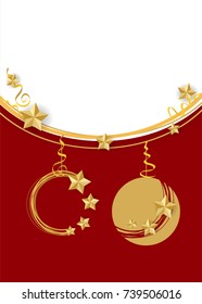 Traditional Christmas ball set mockup background template. Xmas tree garland star lights. Red vector illustration template. Winter seasonal new year greeting card. Festive shimmer star.
