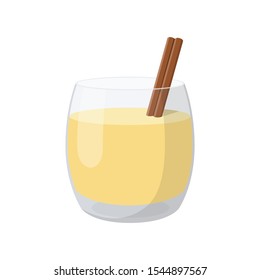 Traditional Christmas beverage eggnog in glass glass with cinnamon stick. Vector illustration on transparent background