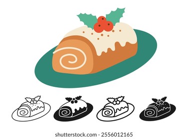 Traditional Christmas cake icon set. Graphic design symbol New year. Winter Xmas baking chocolate roll simple illustration. Cake sign for Christmas greeting card, postcard, sticker, invitation vector