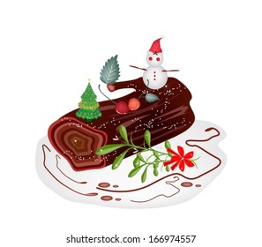 A Traditional Christmas Cake, Yule Log Cake or Buche de Noel with Mistletoe Bunch for Christmas Celebration, Isolated on White Background. 