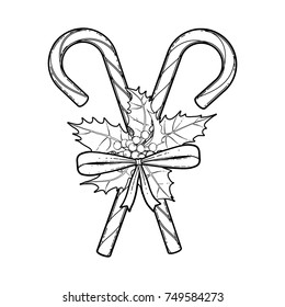 Traditional christmas candies with coniferous decorations. Vector holiday graphic isolated on white background. Coloring book page design for adults and kids.