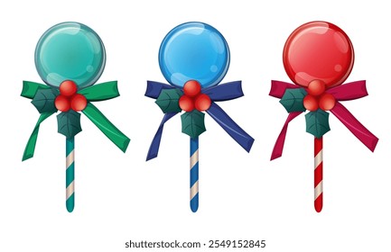 Traditional christmas candy with bow on a white background. Set of christmas candies. Christmas decoration. Merry Christmas. Vector illustration	