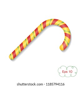 Traditional Christmas candy cane in the shape of a hook. Vector design element isolated on light background.