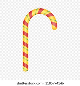 Traditional Christmas candy cane in the shape of a hook. The vector element is isolated on a transparent background.