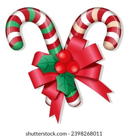 Traditional christmas candy canes on a white background with bow. Christmas decoration. Merry Christmas. Vector illustration