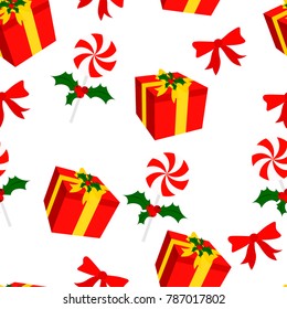 Traditional Christmas candy on white background. Lollipop and gift boxes pattern . vector illustration.
