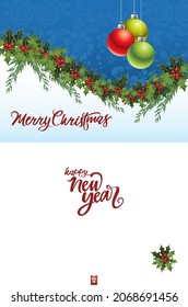 A traditional Christmas card design with the message 'Merry Christmas'  on the outside and 'Happy New Year' on the inside