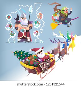 Traditional Christmas characters of different countries. Vector illustrations with people bringing presents for winter holidays