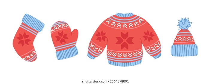 Traditional Christmas clothes. Cute holiday wear with ornament. Vector illustrations isolated on white background