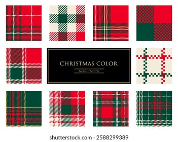 Traditional Christmas colored checkered patterns, Seamless vector backgrounds