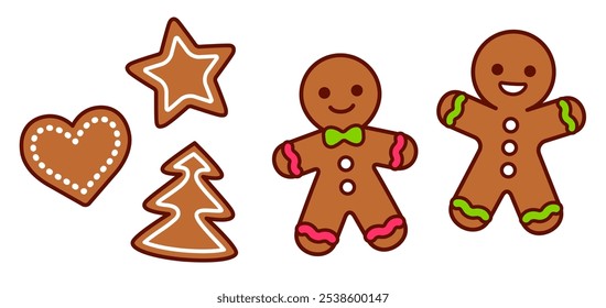 Conjunto de biscoitos de Natal tradicional, homem de gengibre e formas com decoração de glacê de açúcar. Desenho de desenho animado simples, rabiscar desenhado à mão. Ilustração de clip-art vetorial.