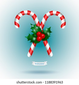 Traditional christmas decor Candy Cane and branch holly or mistletoe on blue background. Realistic 3d vector illustration