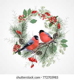 
Traditional Christmas decor of fir branches, berries, pinecones and with two winter birds.