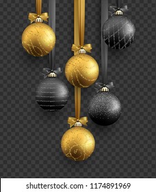 Traditional christmas decoration, hanging on ribbon xmas balls in gold and black colors. Realistic view of object isolated on transparent background