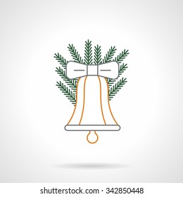 Traditional Christmas decorations. Christmas bell with bow and fir branch. Color flat line style vector icon. Elements of web design for business, website and mobile