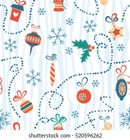 Traditional Christmas decorations seamless pattern. Cartoon flat vector style.