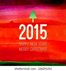 Traditional Christmas design element. Watercolor painting with Christmas tree icon and 2015 label. Colorful watercolor banner template with Happy New Year and Merry Christmas text. Vector illustration
