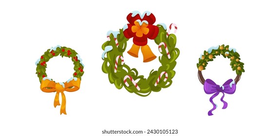 Traditional Christmas door decoration - wreath made from evergreen plant branches with berries, ribbons with bows and golden bells covered with snow. Cartoon vector set of xmas ring ornament garlands.